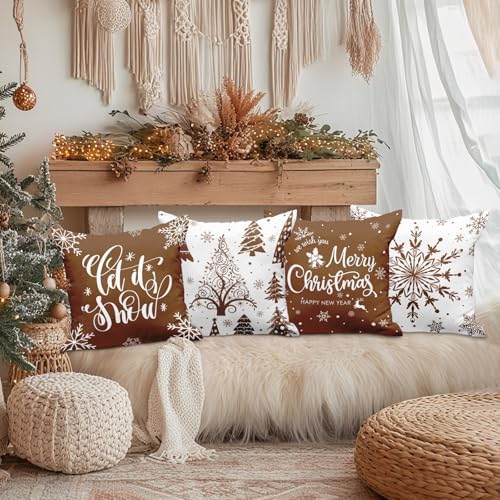 Lanpn Christmas Throw Pillow Covers 18x18 Set of 4, Merry Christmas Winter Xmas Snowflake Decorative Holiday Cushion Pillow Cases 18 x 18 for Outdoor Indoor Farmhouse Home Room Couch Decor (Brown) - Image 3