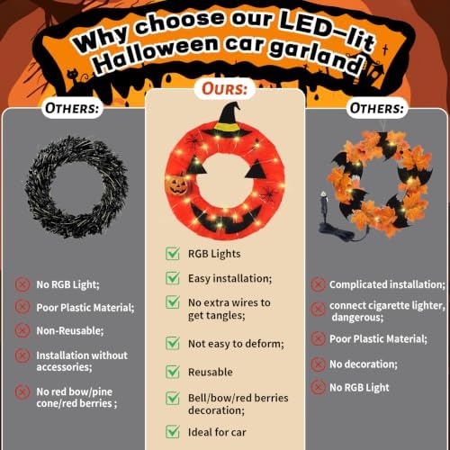 Lighted Halloween Car Wreath, 13" Artificial LED Car Wreath with Pumkin,Spider,Bat and Jack-O-Lantern for Front Grill, Light Powered Halloween Wreath Decor Fits Jeep Truck SUV RV and Golf Cart