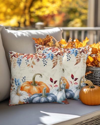 JasmineM Farmhouse Orange Blue Pumpkin Pillow Covers 18x18 Inch Set of 2, Thanksgiving Autumn Decorations Indoor Outdoor Throw Pillows, Orange Blue Linen Pillowcases for Patio Sofa Couch Bedroom - Image 4