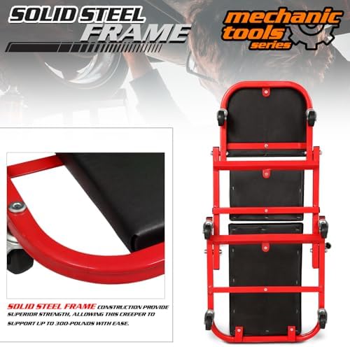 M-AUTO 40-Inch Folding Creeper Rolling Seat, All-in-One Adjustable Roller Garage Chair, Lay Down or Sit, 330LBS Capacity Under Car Roller Creeper with 6 Swivel Casters, Red - Image 5