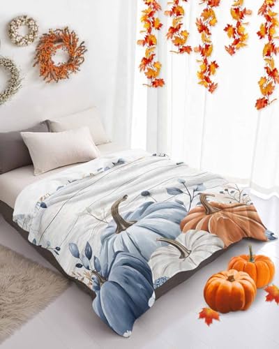 DecorLovee Orange Blue Pumpkins Fall Blanket 60"x80", Reversible Vintage Thanksgiving Throw Blanket for Couch/Bed, Botanical Lightweight Soft Throw Blankets for Men, Warm Fuzzy Blankets for Winter - Image 4