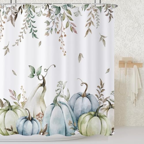 Fall Pumpkins Shower Curtain, Watercolor Green Autumn Pumpkins with Leaves On The Top Harvest Fruits Thanksgiving Bathroom Curtain Waterproof Fabric Machine Washable with Hooks, 60" Wx72 L - Image 2