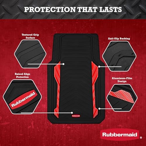 Rubbermaid Car Floor Mat, Heavy Duty All-Weather Car Mats Full Set with Dual-Tone Red Aluminum Inserts – Universal Fit, Anti-Slip Backing, Trim-to-Fit for Most SUV, Sedan, Van