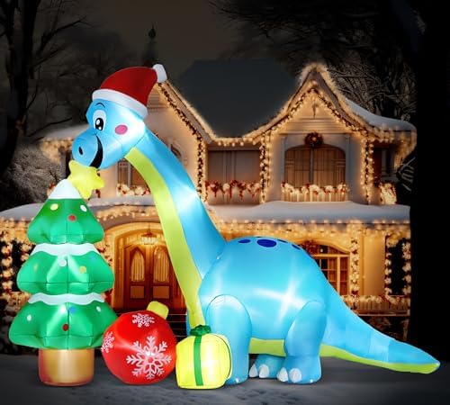 13.6 Ft Long Christmas Inflatable Decorations, Huge Xmas Inflatable Dragon Dinosaur with Trees Gift Hats Decors Built-in LED Lights Stakes Blow Up Yard Lawn Garden Party Santa Inflatables de Navidad - Image 6