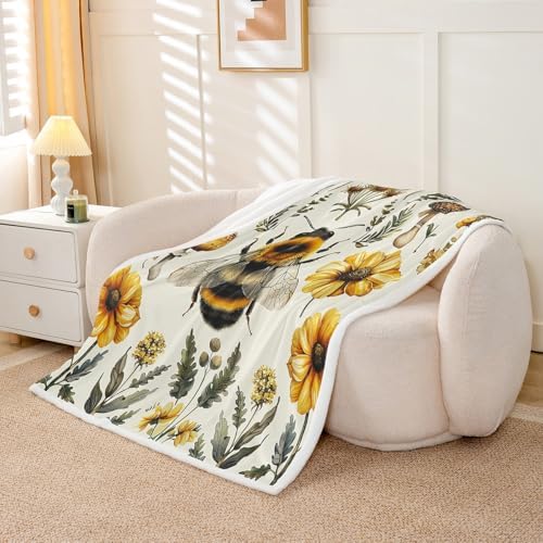 Honeybee Flowers Sherpa Blanket Wild Bee Animal Mushroom Throw Blanket Bedroom Living Room Soft Cozy Retro Rustic Blankets Decor for Bed Couch Sofa Yellow Black Green Flannel Blankets 30"x40" - Image 5