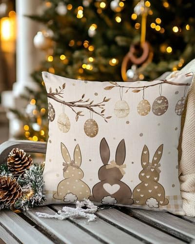 Easter Eggs Spring Bunny Tail Pillow Covers 18x18 inch Set of 2, Khaki Buffalo Plaid Decorations Outdoor Throw Pillow Covers, Cotton Linen Square Pillowcases for Sofa Couch Bedroom Patio Decorative - Image 4
