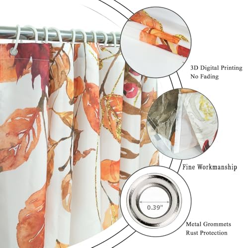 Fall Pumpkin Shower Curtain, Watercolor Autumn Pumpkins with Gold Branches Falling Leaves Harvest Thanksgiving Day Bathroom Curtain Waterproof Fabric Machine Washable with Hooks, 72" Wx78 L - Image 5