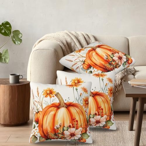 KiuLoam Fall Orange Pumpkin Pillow Covers 18x18 Inch Set of 2, Floral Autumn Thanksgiving Print Decorative Throw Pillows, Rustic Farmhouse Outdoor Cushion Covers for Living Room Sofa Couch Bedroom - Image 4