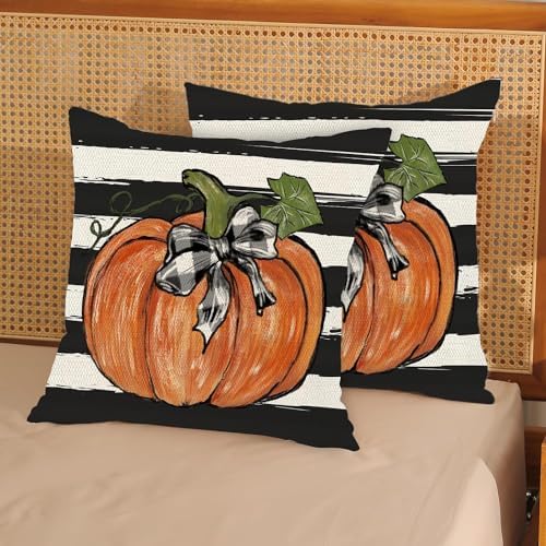 Fall Pillow Covers 24x24 Set of 2 Pumpkin Maple Leaves and Stripes Fall Decor Pillowcase Linen Autumn Thanksgiving Decorative Outdoor Throw Pillow Covers Farmhouse Cushion Case for Couch Home - Image 2