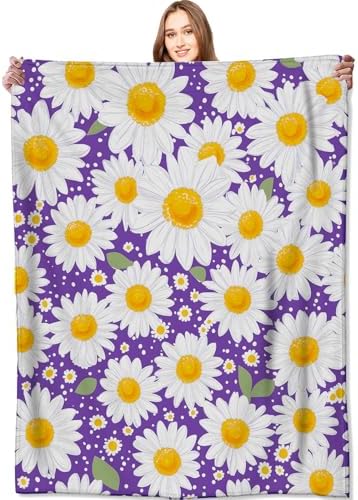 White Daisy Blanket Bright Floral Purple Throw Blankets,Birthday Gifts for Kids Girls Women,Lightweight Soft Fleece,Flower Garden Lovers,Sofa Couch Bed Room Modern Decor 50x60in by VODRM