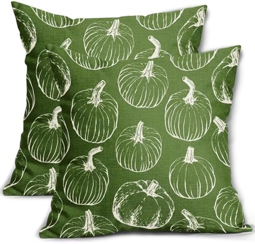 Green Fall Pumpkin Pillow Covers 16x16 Set of 2 Autumn Themed Thanksgiving Cream Print Decorative Throw Pillows Outdoor Pillowcase Farmhouse Linen Cushion Case Decor for Home Sofa Couch Bed by Aytipun