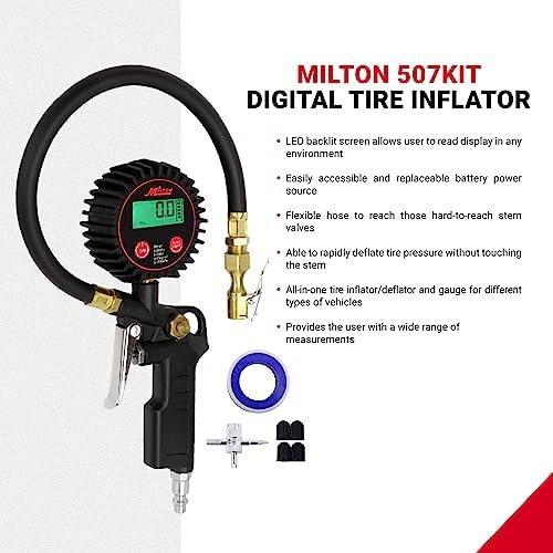 Milton 507KIT Digital Tire Inflator Car Accessories w/Accurate Air Tire Pressure Gauge, 14” Rubber Air Hose – 250 PSI, Brass Lock-On Clip Air Chuck and Compressor Accessories