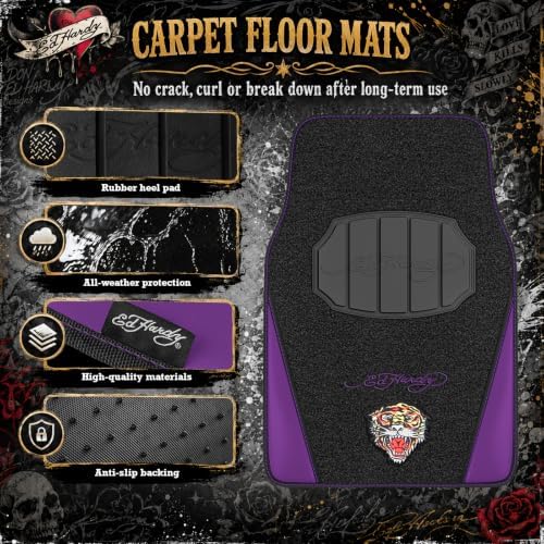 ED HARDY Tiger Print Car Floor Mats, Carpet Floor Mats with Purple Leather Design, Automotive Car Mats with Built-in Heel Pad & Anti-Slip Backing, Fits Most Cars, SUVs & Trucks, Durable & Odorless