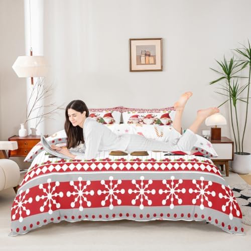 Manfei Cute Gnomes Kids Duvet Cover Set Twin Size,Merry Christmas Snowflake Dreamy Bedding Set,Girls Boys Adults Room/Cabin Decor,Happy New Year Comforter Cover,Red Romantic Quilt Cover,1 Pillowcase - Image 6