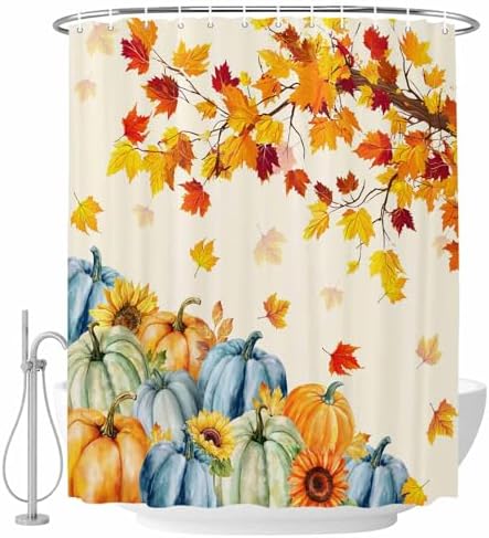 Fall Shower Curtain Autumn Maple Leaves Bathroom Curtains with Hooks, Waterproof Polyester Fabric Thanksgiving Harvest Pumpkin Sunflower Shower Curtains Set for Bathroom Bathtubs Decor 72x84 Inch by LooPoP