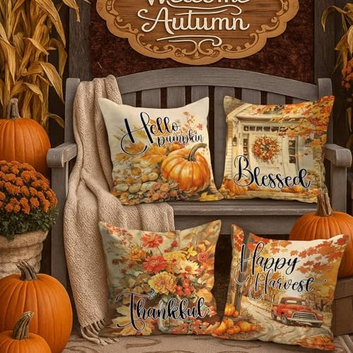 Benjia Fall 14x14 Throw Pillow Covers Set of 4, Watercolor Pumpkin hut car Decorative Holiday Pillow Case 14 x 14 Autumn Cushion Covers Thanksgiving Pillowcase for Indoor Home Bedroom Sofa Decor - Image 4