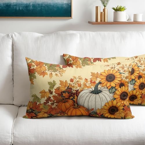 Fall Sunflower Pillow Covers 12x20 Set of 2 Pumpkin Thanksgiving Harvest - Image 2
