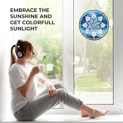 Christmas Snowflake Suncatchers for Windows,6.3” Stained Glass Window Hangings,Hand-Painted Glass Panel Perfect for Home Décor - Image 5