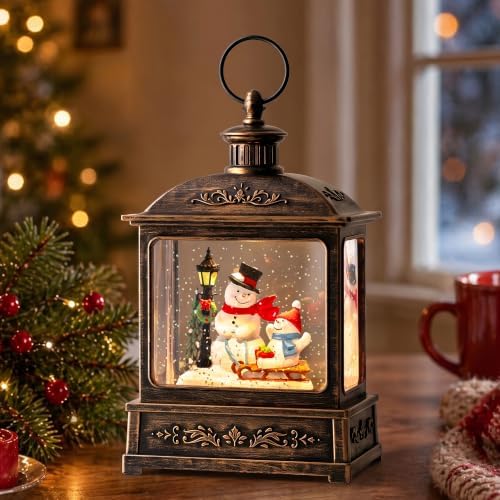 Christmas Snow Globe Swirling Glittering Snowman Duo with Music & Timer, USB Lined/Battery Operated Lighted Water Lantern for Christmas Festival Decoration Gifts by Qualdout
