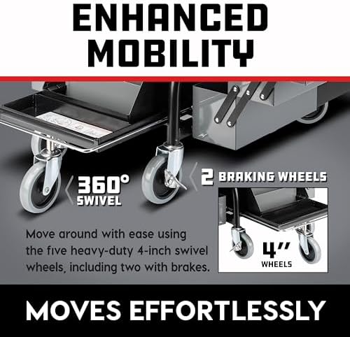 Powerbuilt Professional Mechanics Roller Seat, Heavy Duty Padded Detailer Seat and Backrest, Sliding Storage Drawers, Tool Tray, Can Holders, 4-Inch Swivel Wheels - Image 4