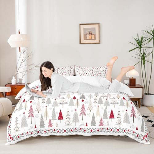Merry Christmas Kids Duvet Cover Set Queen Size,Cartoon Pine Trees Rustic Farmhouse Bedding Set,Girls Boys Adults Room Decor,Snowflake Xmas Comforter Cover,Red Romantic Quilt Cover,2 Pillowcases - Image 2