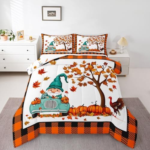 Erosebridal Gnome Bedding Set King Size Fall Pumpkin Comforter Set Thanksgiving Chicken Turkey Autumn Harvest Down Comforter for Boys Child Teens Maple Leaves Duvet Set Nature Grid Room Decor by Erosebridal