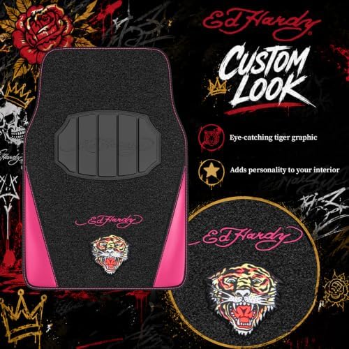 ED HARDY Tiger Print Car Floor Mats, Carpet Floor Mats with Hot Pink Leather Design, Automotive Car Mats with Built-in Heel Pad & Anti-Slip Backing, Fits Most Cars, SUVs & Trucks, Durable & Odorless