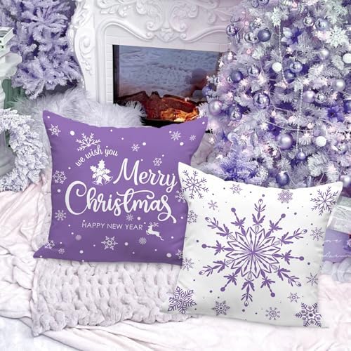 Lanpn Christmas Throw Pillow Covers 18x18 4 pcs, Merry Christmas Xmas Winter Snowflake Decorative Holiday Cushion Pillow Cases 18 x 18 Indoor Farmhouse Home Room Couch Sofa Decor (Purple) - Image 5