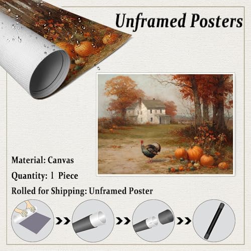 Autumn Farmhouse Wall Art with Turkey and Pumpkins – Vintage Thanksgiving Landscape Poster,Rustic Fall Harvest Canvas Print for Dining Room Decor 24x36in Unframed - Image 2