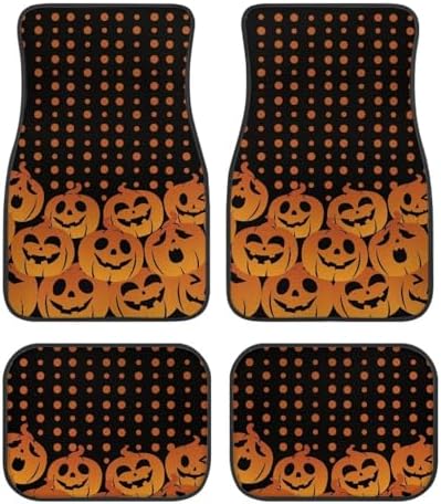 Black Yellow Polka Dot Pumpkin Print Funny Halloween Car Floor Mats 4 PCS, Cute Durable Interior Accessories for Car SUV, All Weather Floor Mats with Front Rear Trunk Liners Set for Party