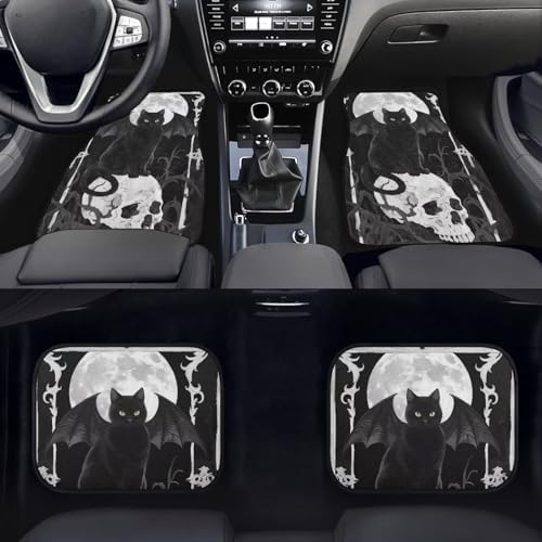 Gothic Cat Car Rubber Floor Mat 4PCS Halloween Winged Cat Skull Front and Rear Mats Non-Slip Floor Mats Heel Pad Watercolor Cats Moon Skull Fit for SUV Van Truck Car