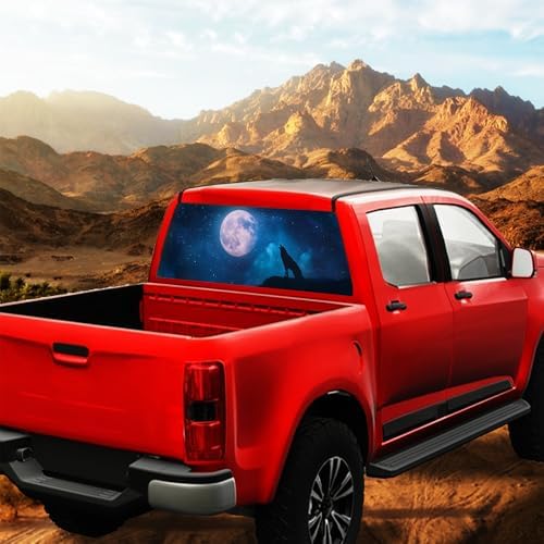 Abstract Wolf Truck Rear Window Graphic Decals, Beautiful Moon Starry Sky Animal Howling Pickup Car Window Stickers Truck Back Window Film Decal for Trucks SUV 66 x 22 inch