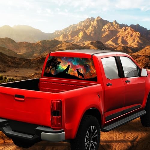 Countryside Abstract Wolf Rear Window Decal Wrap Graphic, Animal Howling Night Scene Vinyl Window Film Truck Back Window Decals,Pickup Trucks Back Window Stickers 66 x 22 inch