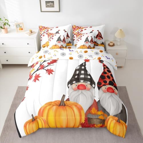 Erosebridal Fall Gnome Queen Comforter Set 7 Pieces Bed in a Bag Farmhouse Thanksgiving Autumn Harvest Pumpkin Bedding Comforter Sets,Maple Tree Fall Leaves Comforter with Fitted Sheets,Flat Sheets - Image 3