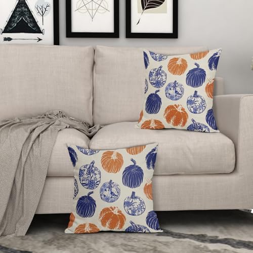 Blue Orange Pumpkin Fall Pillow Covers 18x18 Set of 2 Chinoiserie Autumn Thanksgiving Grandmillennial Decorative Throw Pillows Outdoor Farmhouse Cushion Case Seasonal Decor for Couch Sofa Bed - Image 3