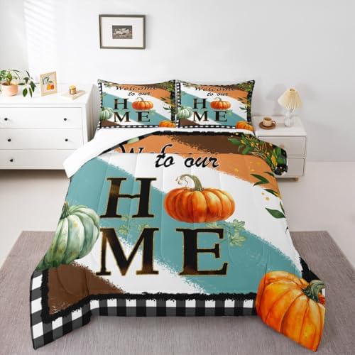 Homewish Fall Pumpkin Comforter Set Twin Size Rustic Farm Botanical Bedding Set 2pcs Kids Girls Women Boys Bedroom Decor Colorful Stripes Graffiti Quilt Set Black White Grid Duvet Insert,1 Pillowcase - Image 5