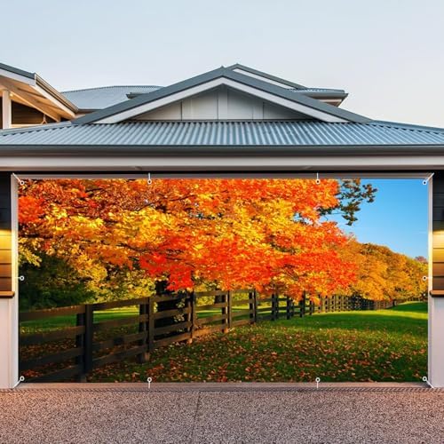 Fall Garage Door Cover Banner Decorations Backdrop 7x16ft Large Thanksgiving Autumn Maple Leaves Fence Photo Backdrop Nature Photography Background Garage Door Banner Portrait Photo Studio Props - Image 7