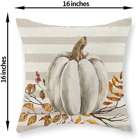 Fall Pillow Covers 16x16 Set of 2 Pumpkin Leaf Branch and Stripes Fall Decor Pillowcase Linen Autumn Thanksgiving Decorative Outdoor Throw Pillow Covers Farmhouse Cushion Case for Couch Home - Image 6