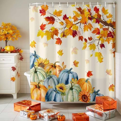 Fall Shower Curtain Autumn Maple Leaves Bathroom Curtains with Hooks, Waterproof Polyester Fabric Thanksgiving Harvest Pumpkin Sunflower Shower Curtains Set for Bathroom Bathtubs Decor 66x72 Inch - Image 5