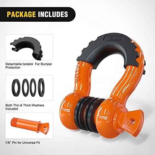 Nilight 2 Pack 3/4" D-Ring Shackle 4.75 Ton (9500 Lbs) Capacity with 7/8" Pin Heavy Duty Off Road Recovery with Isolators & Washer Kit for Jeep Truck Vehicle, Orange (90051B)