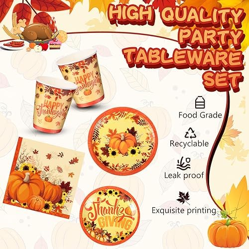 Sliner 180 Pcs Thanksgiving Disposable Dinnerware Set, Orange Pumpkin - Image 3