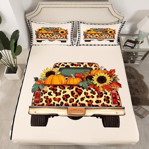 Plaid Pumpkin Bed Sheets Fall Thanksgiving Harvest Bedding Set Gifts For Kids Teen Adults Full,Brown Leopard Truck Pumpkins Fitted Sheet Set,Butterfly Sunflower Maple Leaf Flat Sheet 2 Pillow Cases - Image 3