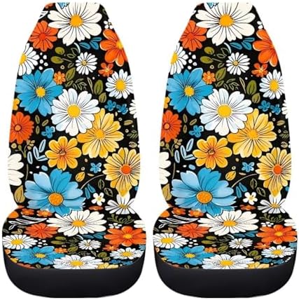 BIGCARJOB Hippie Daisy Car Seat Cover Set for Front Seat Only,2 Pack Blossom Flower Printed Auto Front Seat Protector Saddle Blanket for Women Girly Car Interior Accessories