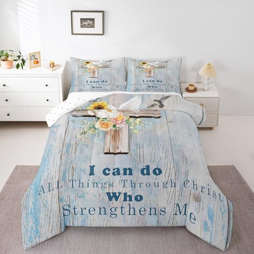 Erosebridal Thanksgiving Comforter Set Cross Theme Decor, Kids Pure Spirit White Flowers Bedding for Adults, Dove of Peace Vintage Wooden Print Duvet Insert Queen Size - Image 3