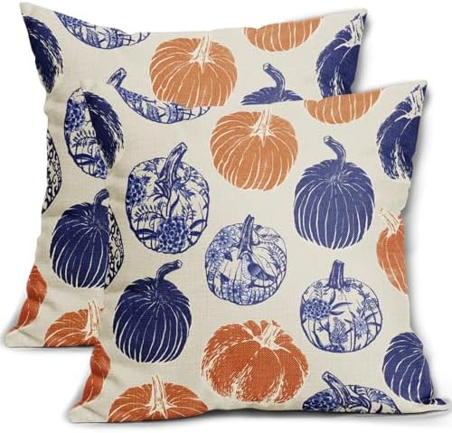 Blue Orange Pumpkin Fall Pillow Covers 18x18 Set of 2 Chinoiserie Autumn Thanksgiving Grandmillennial Decorative Throw Pillows Outdoor Farmhouse Cushion Case Seasonal Decor for Couch Sofa Bed by Aytipun