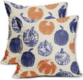 Blue Orange Pumpkin Fall Pillow Covers 18x18 Set of 2 Chinoiserie Autumn Thanksgiving Grandmillennial Decorative Throw Pillows Outdoor Farmhouse Cushion Case Seasonal Decor for Couch Sofa Bed by Aytipun