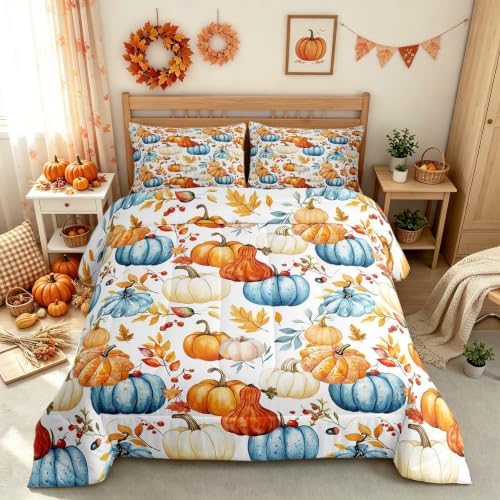 Homewish Harvest Fall Bedding Set Full Size Maple Leaf Pumpkin Comforter Set for Kids Teens Bedroom Decor Vintage Rustic Farmhouse Soft Polyester Quilt Duvet Orange Duvet Insert,2 Pillowcase by Homewish