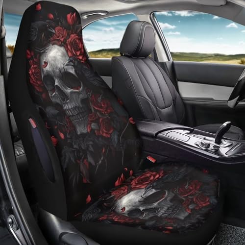 Bulopur Skull Red Rose Crows Front Car Seat Covers Waterproof Washable Auto Seat Covers High Back Airbag Compatible Auto Bucket Cushions Universal for SUV Truck Sedan, Easy to Install and Removable