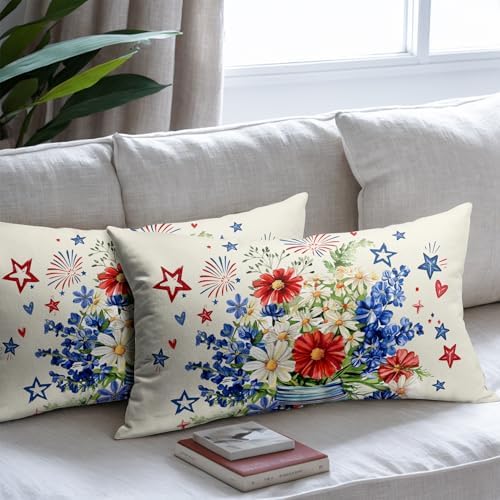 4th of July Pillow Covers 12x20 Set of 2, Patriotic Throw Pillow Covers Independence Memorial Day Pillowcase, Summer Floral Decorative Fourth of July Cushion Case Couch for Indoor Outdoor Home Decor - Image 7