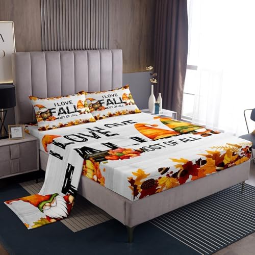 Gnomes Pumpkin Bed Sheets Rustic Farmhouse Fall Bed Sheet Set Twin Size Thanksgiving Harvest Season Sheet Set Maple Leaf Pinecone Decor Fitted Sheet Soft Lightweight Flat Sheet Bedroom Decor 3 Pcs - Image 2